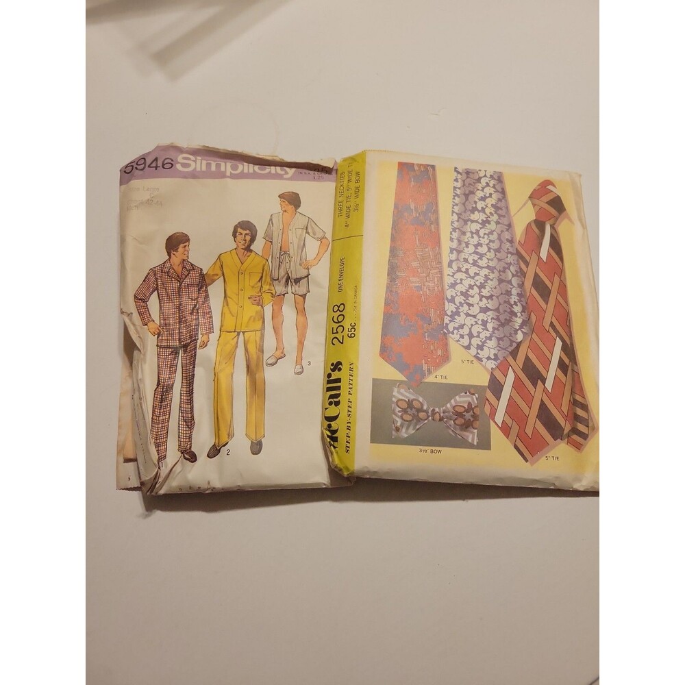 2- Vintage 1970s Mens Pajama And Tie Patterns, Simplicity & McCalls 5946 2568 Lg
